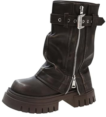Générique Bottes Mi-Mollet pour Femmes épais Bout Bottines femmes Zipper à boucles cuir véritable Dame Bottines Imperméables Fashion Millésime Femme Boot Elégantes Casual Tige large