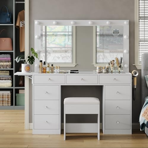 FUSOU Vanity Desk with Power Outlet, 9 Drawers Makeup Vanity with Mirror and 12 LED Lights, 3 Lighting Modes, Glass Top Vanity Set, Fold-up Panel, Dressing Table for Bedroom, White