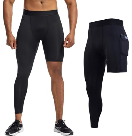 GENEMEN Leggings Herren Einbeinige Sport Hosen Gym Running Tights Kompressionshose mit Taschen (Schwarz-3/4 Bein, L)