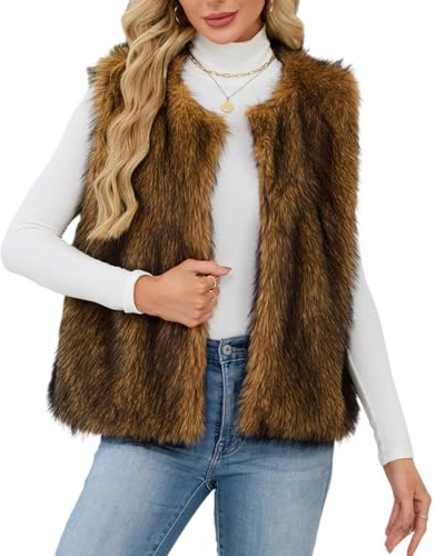 YuanDiann Gilet en fourrure synthétique pour femme - Automne - Hiver - Décontracté - Sans manches - Mode élégant - Col rond - Gilet en fourrure synthétique chaude - Cadeau pour femme, jaune, L