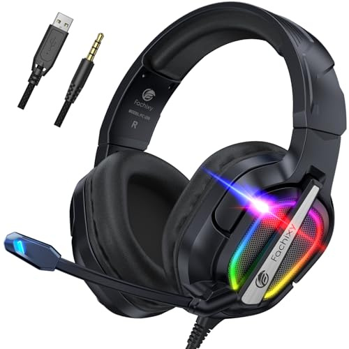 Fachixy FC200 Foldable Gaming Headset with ENC Mic, Gamer Headset for PS4, PS5, PC, Xbox, Switch, 3.5mm Wired Over-Ear Headphones with LED Lights - Black