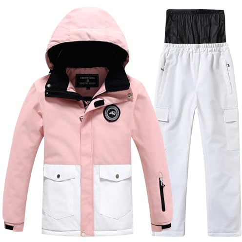 Unisex Kids Ski Snowsuit Set (Ages 5-13) – Winter Thickened Waterproof Windproof Warm Hooded Jacket (Sleeve Zippers) & Pants (Pockets), Durable Outdoor Gear for Boys & Girls Ski Adventures