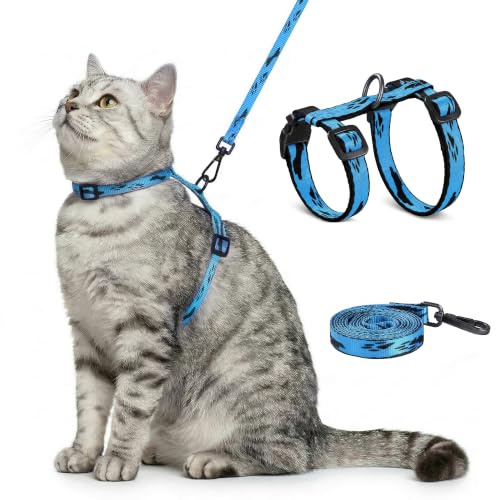 PawSailor Cat Harness and Lead Set Escape Proof Adjustable, Blue | Lightweight Soft Comfortable, Safe Kitten Harness with 59 inch Leash, Garden Outdoor Easy Walk for Small Medium Cats