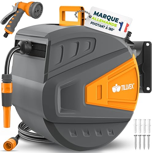 tillvex Enrouleur de Tuyau d'arrosage pour Jardin 20+2m avec support mural + poignée | Dévidoir pour tuyau avec pistolet à eau et tuyau d'arrosage | Pivotant à 180° (Anthracite/Orange, 20m)