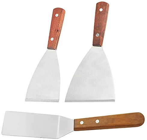 3 Pcs Metal Spatula, Griddle Spatula Set, Wood Handle Teppanyaki Spatulas | Stainless Steel Barbecue Spatulas, for Barbecue Kitchen