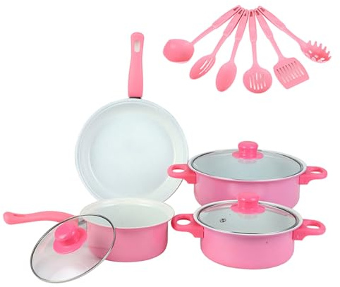 Juego de utensilios de cocina antiadherentes, juego de ollas y sartenes antiadherentes de 13 piezas, sartenes, tapa de cacerola, cuchara y espátula, cocina para cocinar diariamente en el hogar, Rose