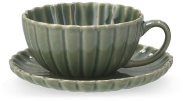 H&H Set 6 Tazze Tè con Piattino 290 cc in Stoneware Verde – Tazze Colazione con Piattini, Design a Rilievo Effetto Petalo, Lavastoviglie e Microonde