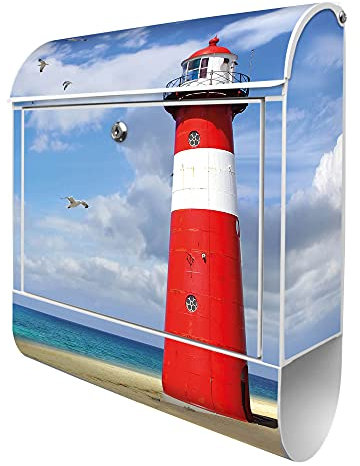 banjado Design Briefkasten 38,5x46,5x13cm & 2 Schlüssel - Briefkasten Stahl Weiß mit Zeitungsfach pulverbeschichtet - Postkasten A4 Einwurf inkl. Montagematerial - Motiv Leuchtturm Westkapelle