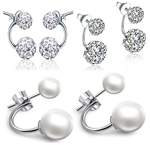 Yumilok 925 Sterling Silber Zirkonia Kristall Perlen Doppel Kugeln Ohrhänger Ohrstecker Ohrring Jackets Hypoallergen Ohrschmuck für Damen Frauen Mädchen, 3 Paare