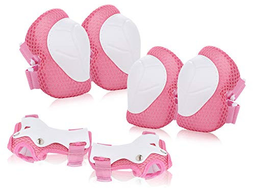Jim's Store Kinder-Knieschoner, 6 Stück, verstellbar, Ellenbogenschützer, Handgelenkschoner, Schutzausrüstung, Set für Radfahren, Rollschuhlaufen, Roller (Rosa)