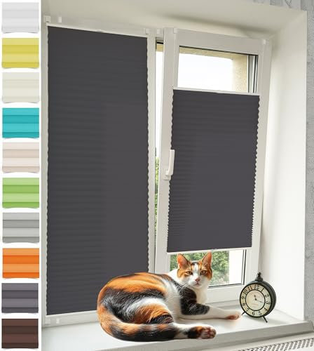Vkele Plissee ohne Bohren Klemmfix – Faltrollo Jalousie Anthrazit 35x110cm(BxH), Lichtdurchlässig & Blickdicht, Sonnenschutz & Sichtschutz,Easyfix Rollo für Fenster & Tür