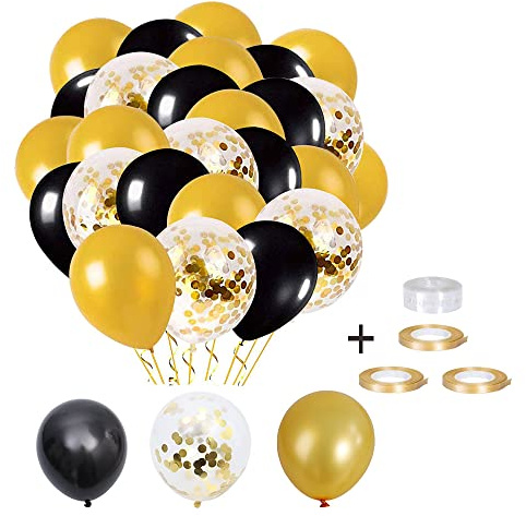 Schwarzer Ballon, schwarze Party, Luftballons, Latex, Schwarz, 60 Stück, goldfarbene Luftballons mit Konfetti-Ballon, für Frauen, Männer, Geburtstag, Dekoration, Abschlussfeier, Halloween, Party