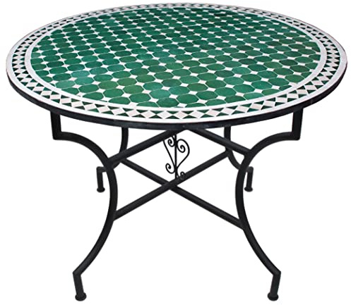 Saharashop Handmade Mosaiktisch Fliesentisch Rund Ø 100 cm Grün Gartentisch Esstisch Balkontisch Terrassentisch Mediterraner Orientalischer