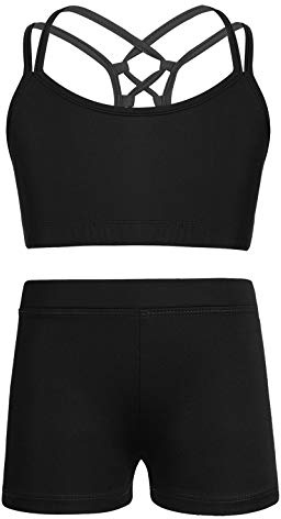 Agoky Girls 2Pcs Ballet Dance Outfits Short Sleeves Crop Tops Sports Bra with Booty Shorts Gymnastics Clothes Suit Tracksuit Black Boy-Cut 6 Years