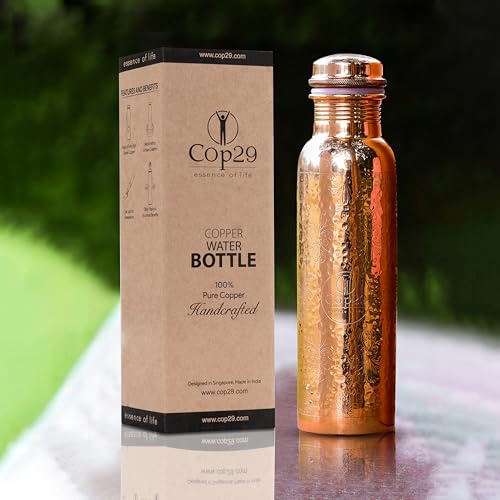 COP29 Bouteille d'eau Brillante Mira en cuivre Pur de Conception Premium martelée + gravée à la Main, 900 ML / 30 oz