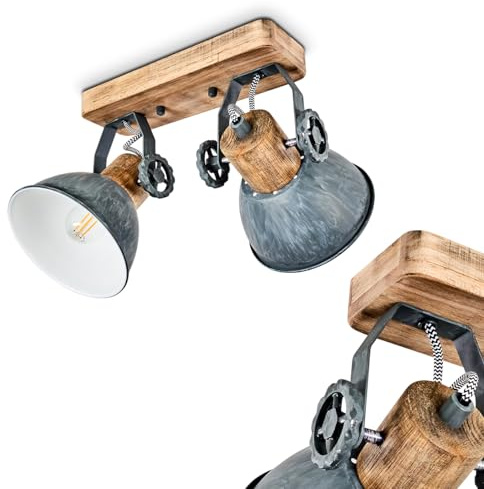 HOFSTEIN Deckenleuchte Orny, verstellbare Deckenlampe aus Metall/Holz in Grau/Weiß/Natur, moderne Leuchte im Industrial/Retro/Vintage-Design, 2 x E27, Wohnzimmer, Esszimmer, Schlafzimmer, Küche