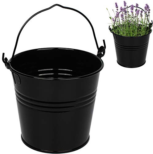 alles-meine.de GmbH 4 Stück kleine - Metall Eimer/Blumentöpfe - schwarz - 15 cm hoch - 2 Liter - rostfrei - Blech Eimer/Metalleimer - rund - mit 3-D Effekt Rillen Prägung -..