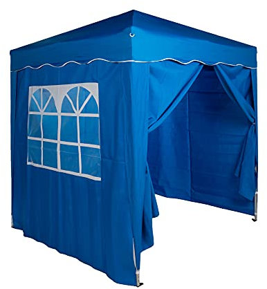 Defacto Tonnelle de jardin Pop Up - 2 x 2 m - Pliable - Protection UV 50+ - 100 % étanche - Avec 4 panneaux latéraux - Sac de transport avec cordes et piquets - Bleu