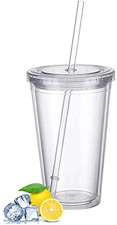 Bicchiere di plastica riutilizzabile, a doppia parete, trasparente, con cannuccia, riutilizzabile, adatto per caffè e succo di frutta, 500 ml