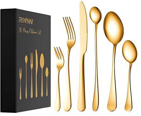Besteck Set 6 Personen, 36 Teiliges Edelstahl-Goldenes Besteck-Set, Inkl Messer, Gabel, Löffel, Besteck-Set Hochglanzpoliert, Spülmaschinenfest (Gold) RIWNNI