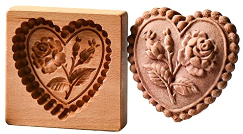 DIY Wooden Cookie Mold, Funny Wooden Carved Moulds Cookie Cutter Rabbit Goldfish and Heart Rose Shaped Embossing Mold Cookie Stamp Gingerbread Mold for Valentine's Thanksgiving Baking Tool (Rose)