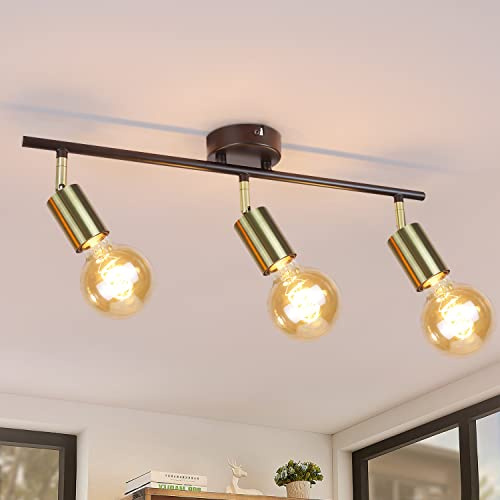 CBJKTX Deckenleuchte Vintage 3 Flammig Deckenstrahler - E27 Deckenlampe | Industrial Küchelampe Schwarz-Gold Retro Deckenspots Schwenkbar Modern Spotleuchte Spotbalken für Küche Flur Gänge Esszimmer