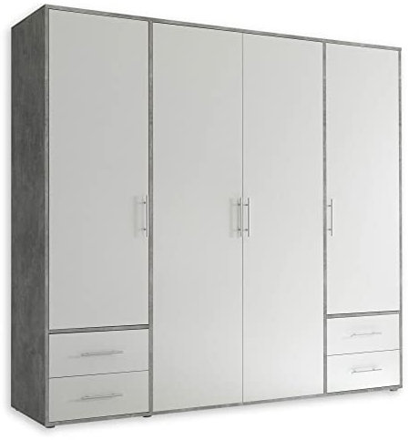 Stella Trading Kleiderschrank in Beton Optik, Weiß - Vielseitiger Drehtürenschrank 4-türig mit viel Stauraum für Ihr Schlafzimmer - 206 x 195 x 60 cm (B/H/T)