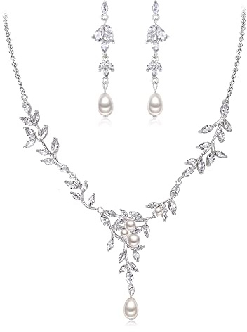 EVER FAITH Parure de Bijoux de Mariée en Zircone Cubique pour Mariage Femme Marquise CZ Perle Feuille de Vigne Collier et Boucles d'oreilles Ensemble Clair Ton d'argent