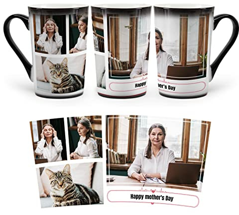 MUGKISS Tasse personnalisée, tasses personnalisées à changement de couleur, collage avec 4 images, tasse à café magique avec photo, nom, texte, cadeaux pour lui, elle