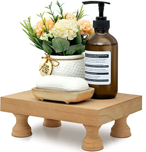 EOSAHR Modern Farmhouse Wood Riser for Display : Decorative Pedestal Stand for Home & Kitchen Decor and Retro Soap Stand for Sink - Rustic Bathroom Counter Tray and Countertop Organizer (Light Brown)