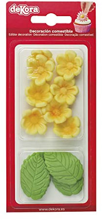 Dekora - Caja de 8 Flores de Azucar Amarillas y 5 Hojas Verdes - Figuras Comestibles para Tartas - Decoracion Tarta Cumpleaños de Azúcar