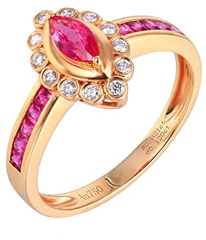 Mesnt Bague en or jaune 750 18 carats pour femme en forme de marquise avec rubis et diamant 0,621 carats (ajustez la taille de la bague)