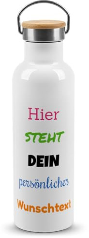 PR Print Royal Edelstahl-Trinkflasche bedrucken - Trinkflasche personalisiert mit 5 Zeilen Wunschtext - Thermosflasche, Wasserflasche BPA-frei Geschenke für Sportler | Haltebügel, Bambusdeckel, 750 ml