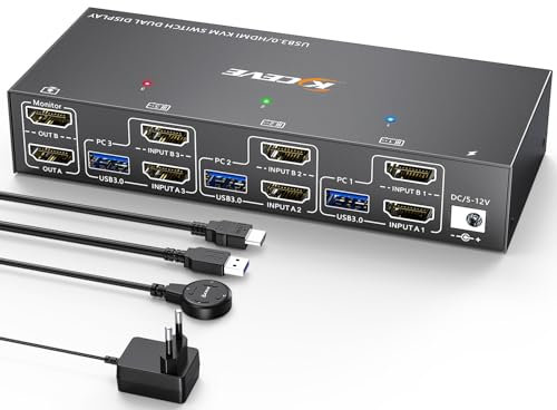 Switch KVM USB 3.0 HDMI 3 PC 2 monitor, simulazione EDID, 4K @60Hz Extended Display, HDMI 2.0, Dual Monitor KVM Switch 3 PC parti tastiera senza fili, mouse, stampante, con cavo remoto e 5 cavi
