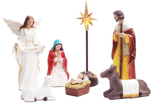 HYHFM Nativity Figures Set for Christmas Indoor, 7Pcs Nativity Set Sculpted Hand-Painted Resin Collectibles Figurines Statue Decor