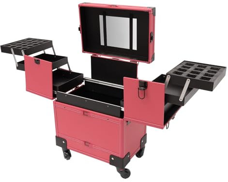 Kosmetik-Organizer, Schminkkoffer Kosmetikkoffer mit Spiegel und Schlösser, 37 * 24.3 * 101cm, 7 Fächern, für Visagisten, Friseure, Kosmetiker, Rose