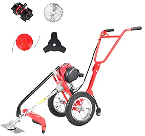 Suuim Tondeuse à Gazon à Essence, Petite Tondeuse à Gazon multifonctionnelle avec 4 Lames et Roue de désherbage, Moteur électrique 4 Temps, Tondeuse à Gazon à poussée Manuelle pour Jardin et pelouse