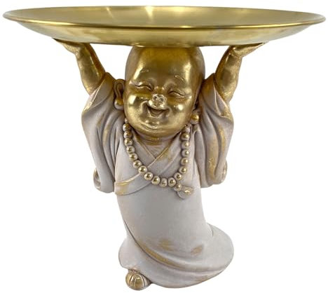ROCKING GIFTS Figura Decorativa Buda con Bandeja vaciabolsillos, Resina, 20 cm