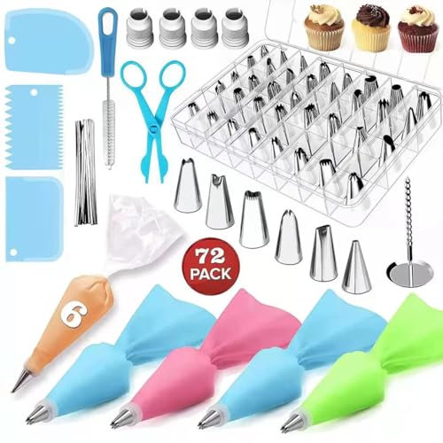 Miawtro 72PCS Piping Bag，Piping Bags and Nozzles Set，Pastry Nozzle Reusable Piping Bag, Cupcake Icing Tips Piping Bags, DIY Pastry Accessories Piping Kit for Birthday Wedding Christmas