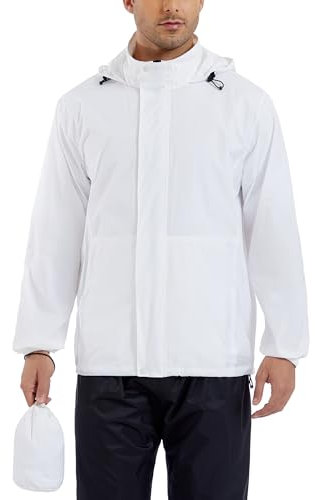 GIISAM Men's Rain Jacket, Waterproof Rain Coat with Hood Lightweight Raincoat Packable Rain Jackets for Men, White, Small