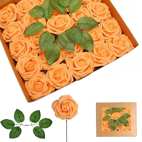 yayafunfun 25 Rosas Artificiales Naranjas, Rosas de Espuma de Tacto Real con Tallos para Novia, Baby Shower, tumbas, San Valentín, Navidad y decoración de Boda