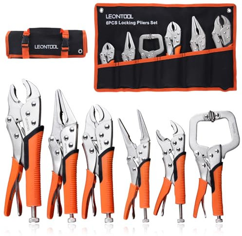LEONTOOL 6-Piece Locking Pliers Set, Vice Grips Pliers Set, 5, 7 and 10 Curved Jaw Locking Pliers, 6-1/2, 9-1/2 Long Nose Locking Pliers 6 Locking C-Clamp for Welding Metal Bending Woodworking