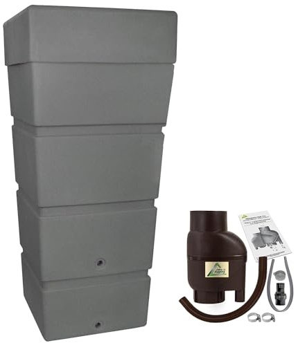 Regentonne Regenfass Ecktonne Regenspeicher Regenwasserbehälter mit Fallrohrfilter, Regenfilter T33 braun FROSTSICHER - Moderne Eck-Regenwassertonne mit stabilem Deckel als Pflanzschale