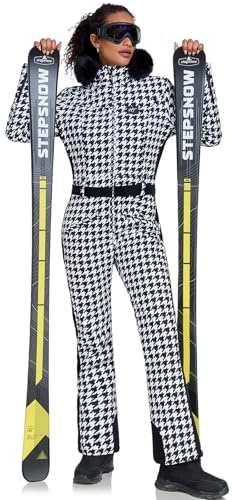 HOTIAN Damen Skianzug Einteiler Skioverall Winter Warme Damen Schneeanzug Wasserdicht Winddicht skibekleidung Schneeoverall Jumpsuit Mit Kapuze White Black M