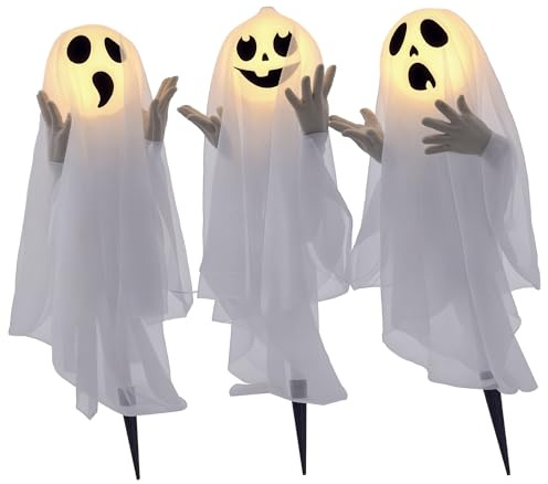 HOMCOM Halloween Deko Geist 3 Stück 60 cm Hängende Geister mit LED Lichtern wamweiße Leuchtende Gruselige Windsack Hängende Dekorationen für Outdoor & Indoor Party Garten Terrasse Rasen