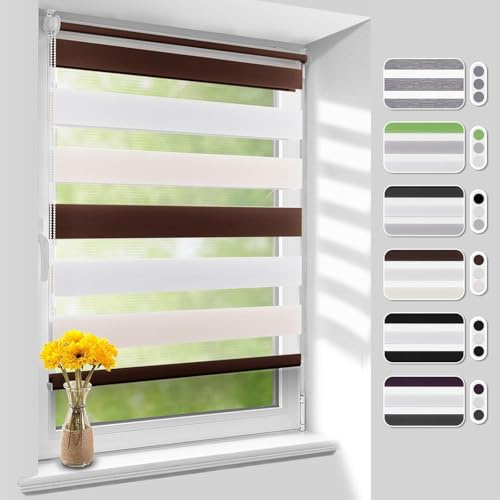Homland Doppelrollo Klemmfix ohne Bohren B105 x H140 cm(Stoffbreite 100cm) Weiß-beige-braun, Duo Rollo, Rollo Klemmrollos lichtdurchlässig & verdunkelnd, Verstellbar Fensterrollo Sonnenschutz