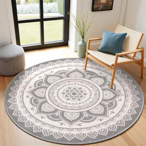 SHACOS Boho Teppich Wohnzimmer Rund 160 cm, Kurzflor, Grau, Waschbar, rutschfest, Wohnzimmerteppich Rund, Flauschig, Teppiche für Kinderzimmer, Schlafzimmer