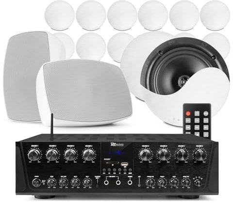 Power Dynamics 8-Zone Multiroom Speaker System with 14 Home Ceiling Speakers, 2 Wall-Mounted Units, Bluetooth, Outdoor Garden Audio, Multi Room Sound Solution for Indoors and Outdoors
