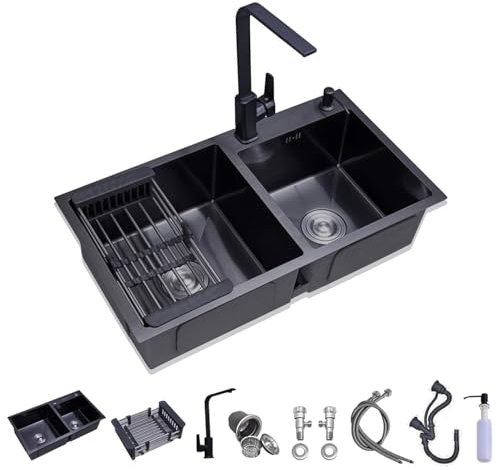 GWFBLID Fregadero Cocina 2 Senos, Fregadero de Cocina Negro de Acero Inoxidable, Fregadero Bajo/Encimera/Enrasado con Juego Desagüe Fregadero Jardin Exterior para Comedor Cocina