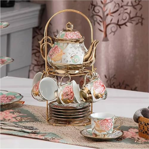 YLME 6er-Teeservice aus Porzellan Nachmittags Teeservice Kaffeetassen- und Untertassen Set aus Keramik im europäischen Stil Vergoldetes Teeservice aus Keramik mit roter Rose,Rot